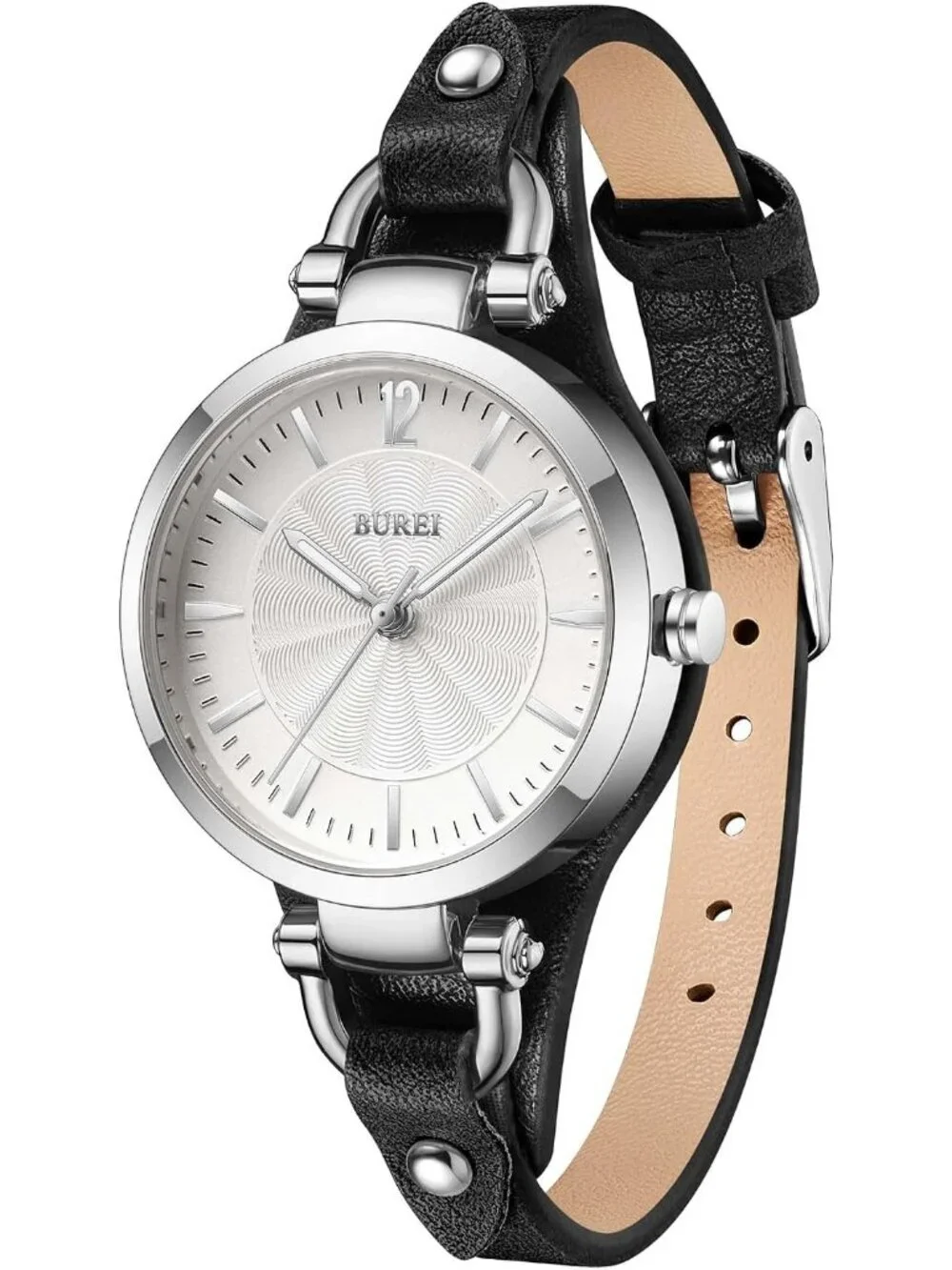 Women's Silver Black Leather Strap Small Dial Waterproof Quartz Wrist Watches